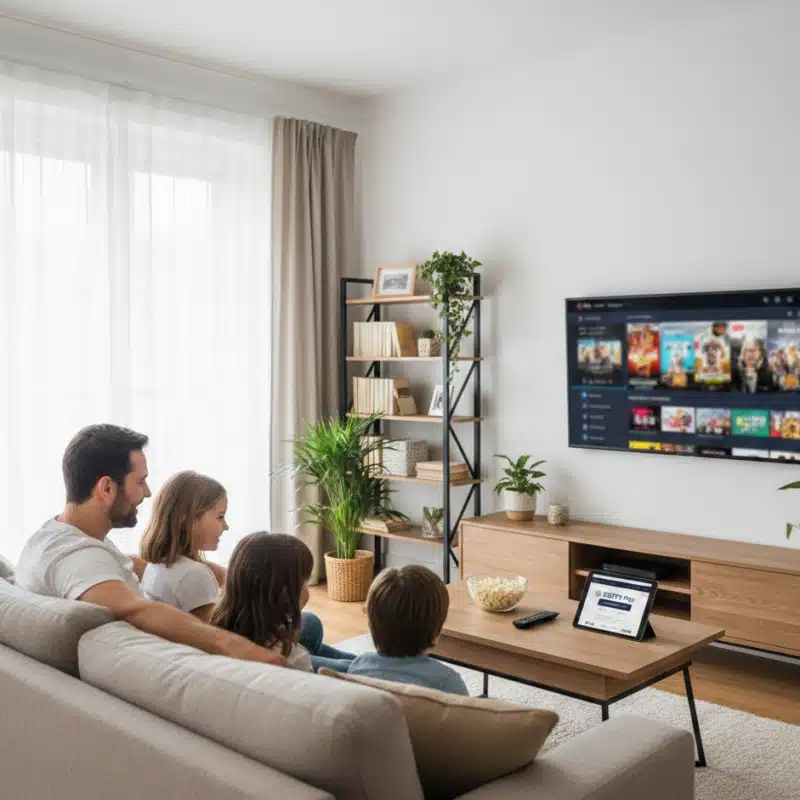 Une famille installée dans un salon moderne profitant d'un abonnement IPTV fiable sur une Smart TV haute définition.
